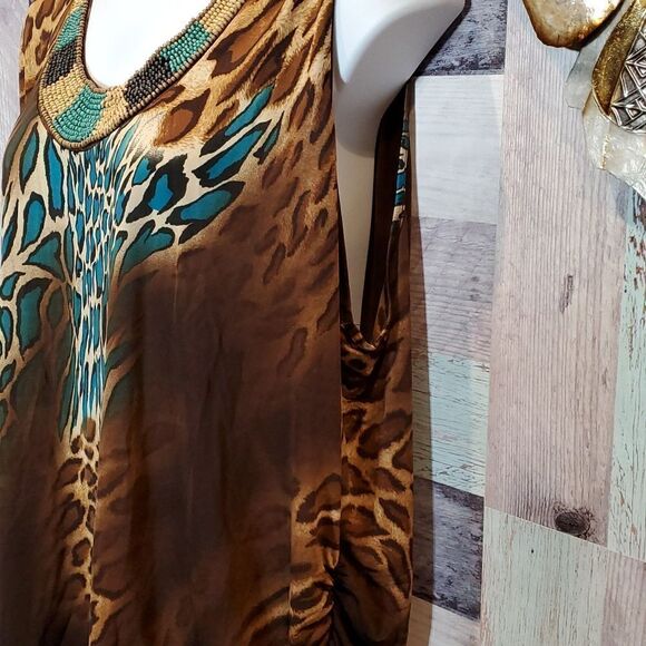 Fashion Bug Sz 3X Animal Print Beaded Neckline One Sleeve Popover Blouse 624   - Picture 5 of 11